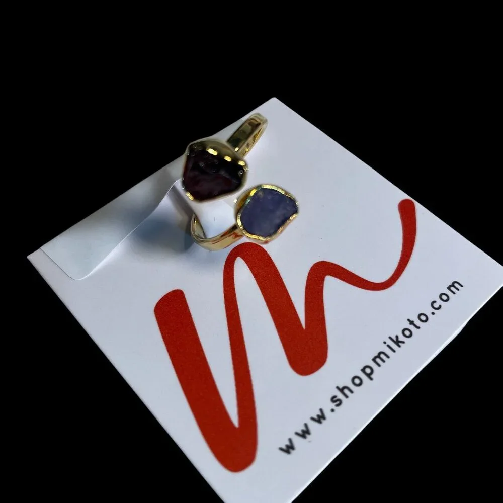 Mikoto Raw Crystal Ring Gold Adjustable Open‎ Wrap Garnet Amethyst Gemstone Gift